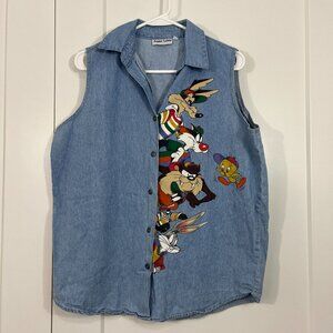 Vintage 90s Large Blue Looney Tunes Button Down Sleeveless Collared Vest
